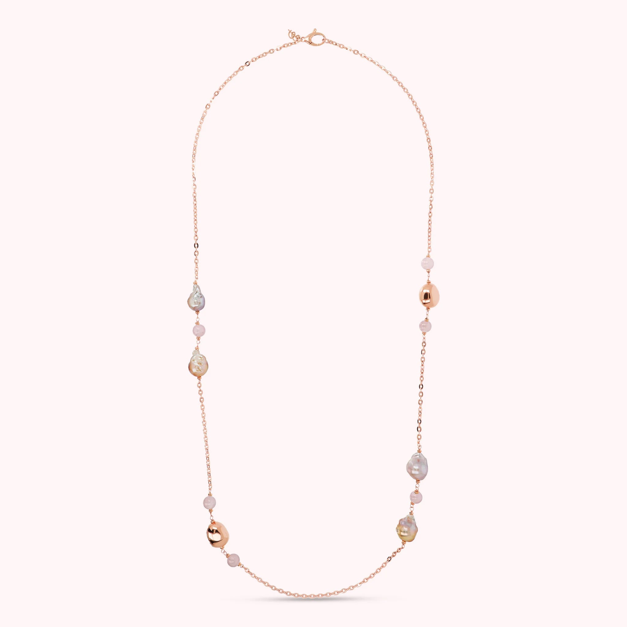 Collana Lunga con Quarzo Rosa, Pepite e Perle d'Acqua Dolce Ø 12/14 mm