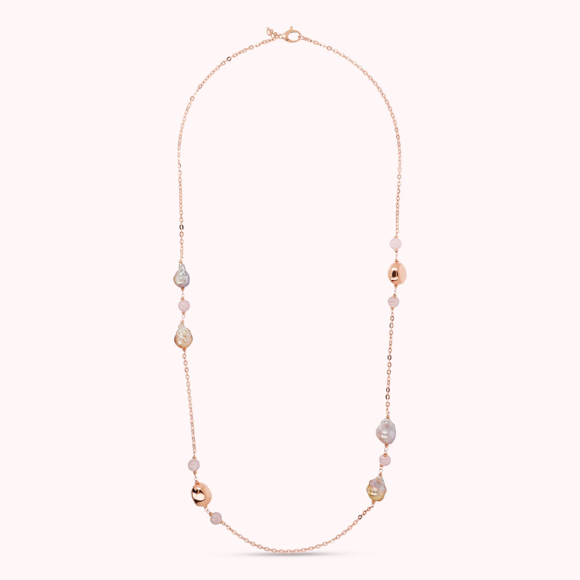 Collier long avec quartz rose, pépites et perles d'eau douce Ø 12/14 mm