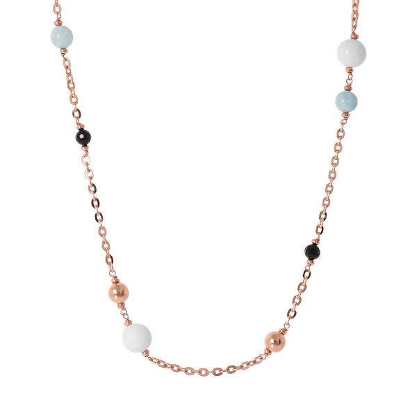 Long Necklace with Golden Rosé Spheres and Spinel, Agate and Aquamarine