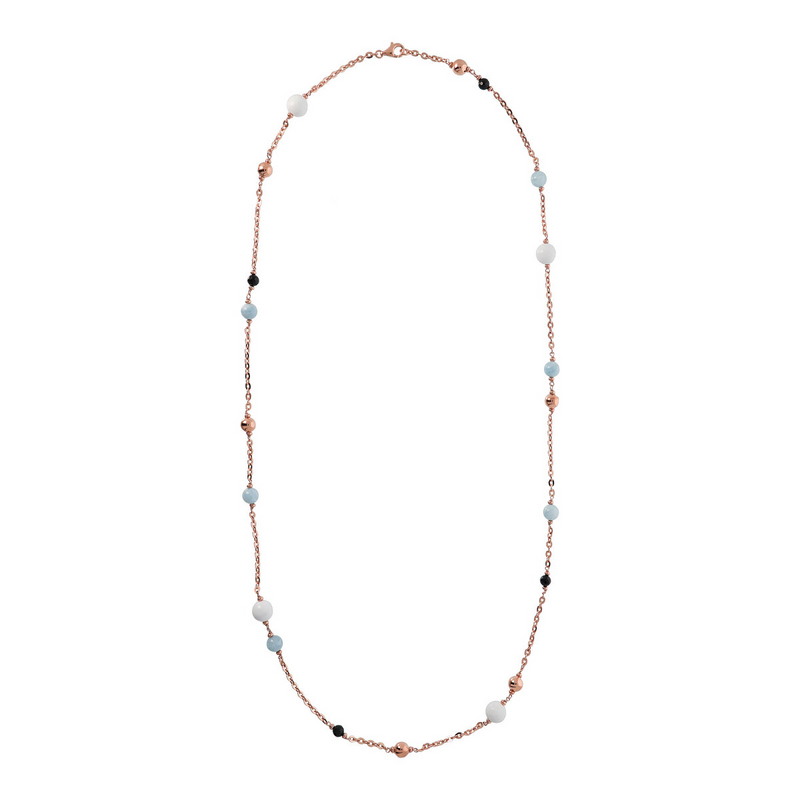 Long Necklace with Golden Rosé Spheres and Spinel, Agate and Aquamarine
