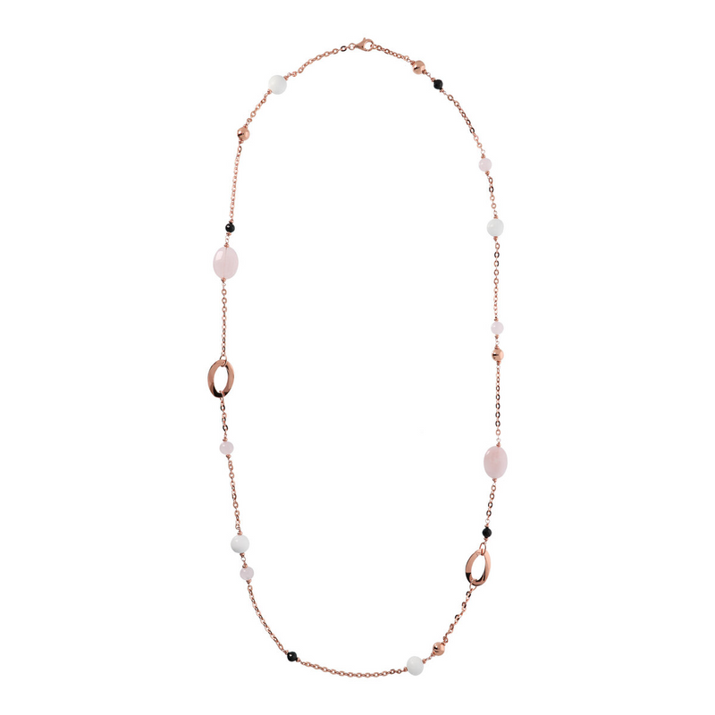 Long Necklace with Golden Rosé Elements and Multicolor Natural Stones