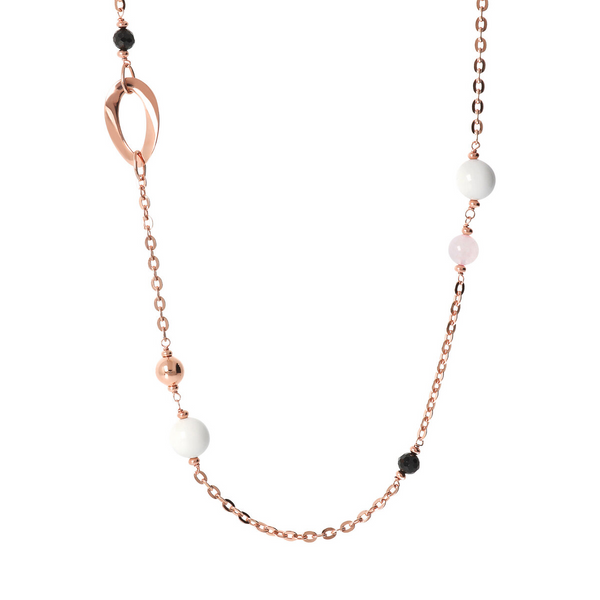 Long Necklace with Golden Rosé Elements and Multicolor Natural Stones