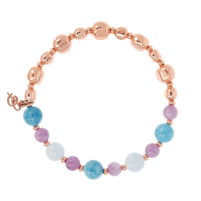 Elastic Bracelet with Natural Stones and Nuggets in Golden Rosé