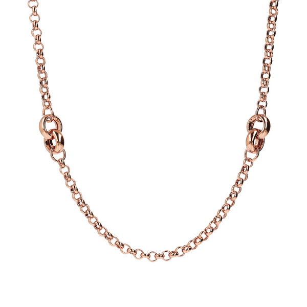 Long Rolo Chain Necklace with Intertwined Double Rings Station
