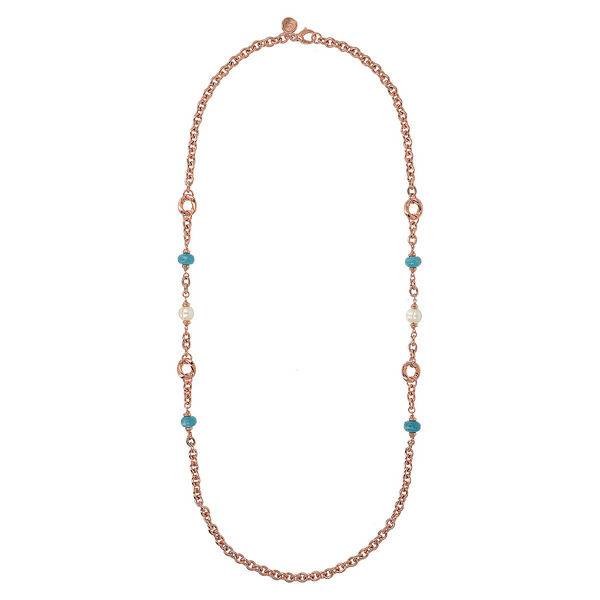 Long Rolo Chain Necklace with Natural Stones and White Freshwater Pearls Ø 10/11 mm