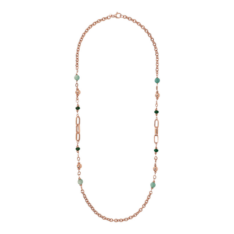 Rolo Chain Necklace and Rectangular Links with Quartzite Natural Stone Spheres