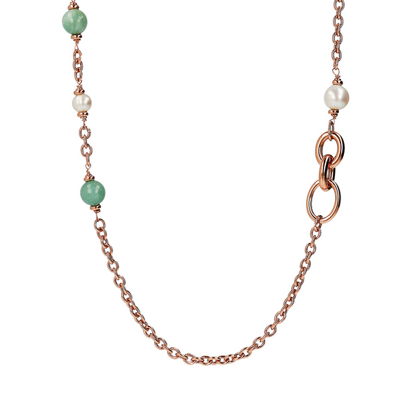 Long Rolo Chain Necklace with Oval Links, Green Quartzite and White Freshwater Ming Pearls Ø 9/13 mm