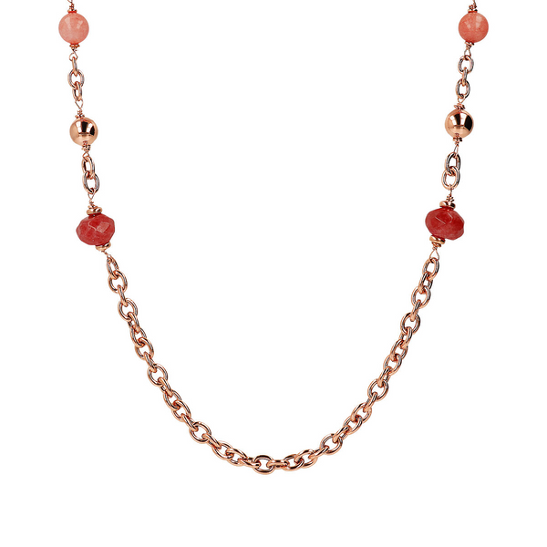 Rolo Chain Necklace with Bead Station and Natural Red Quartzite Stone