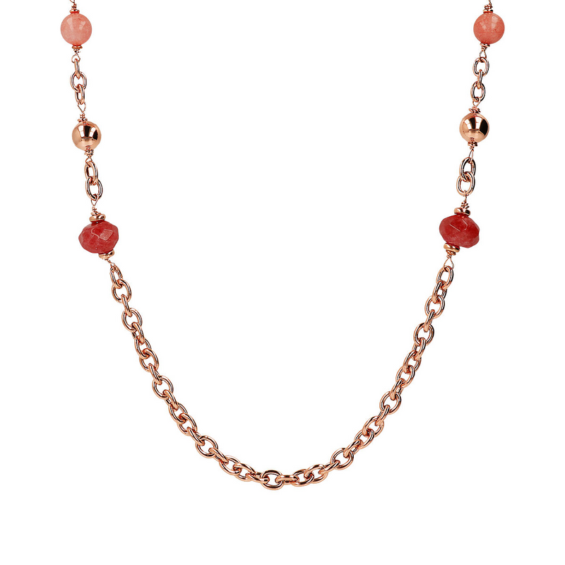 Rolo Chain Necklace with Bead Station and Natural Red Quartzite Stone