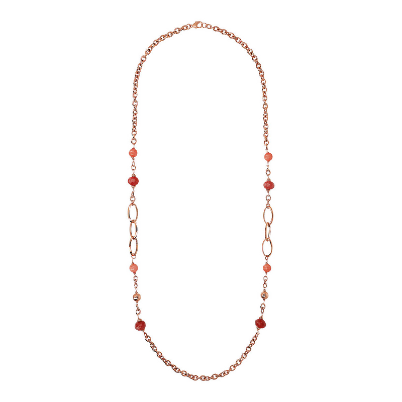 Collier chaîne Rolo avec station de perles et pierre naturelle de quartzite rouge