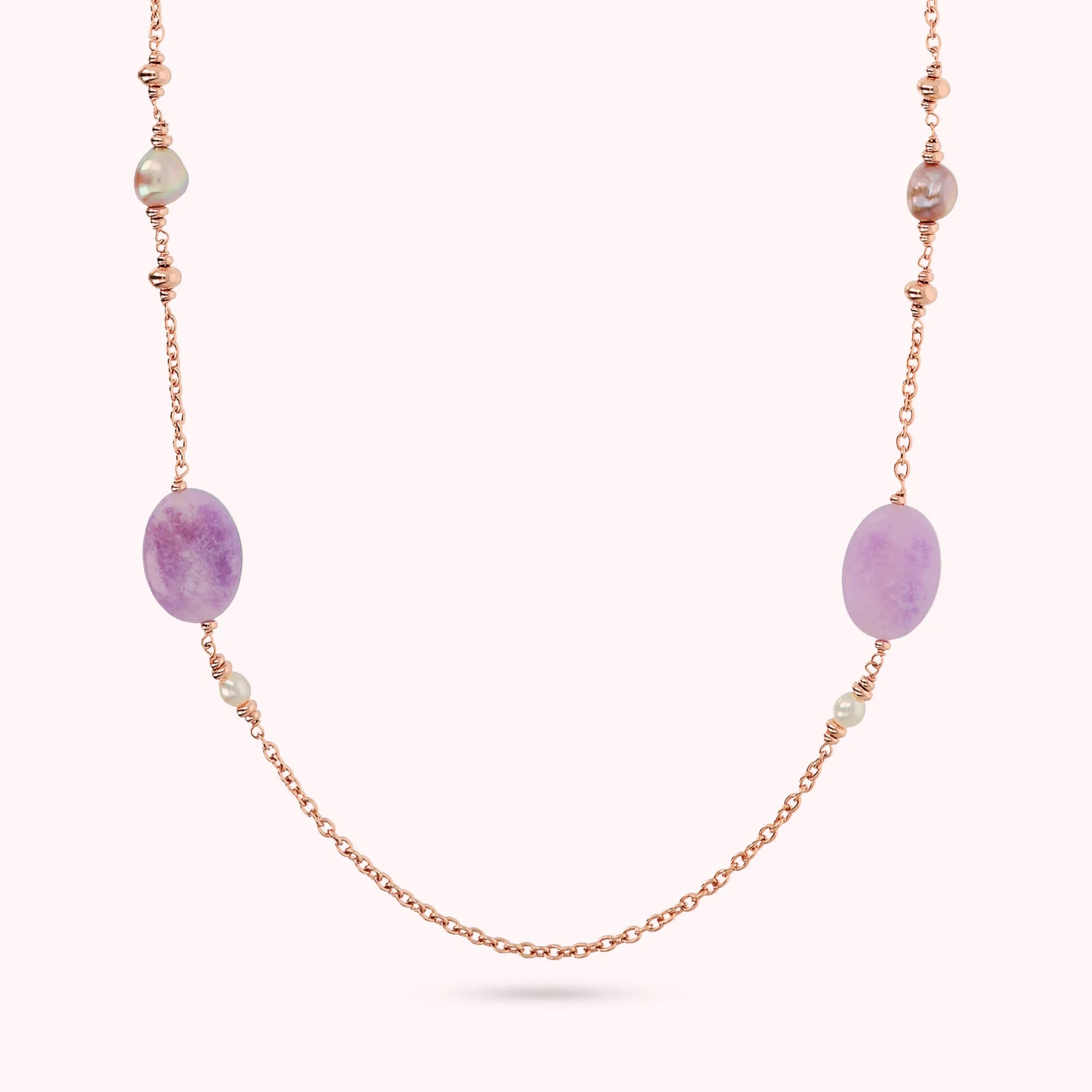 Collana Catena Rolo con Quarzite Viola e Perle d'Acqua Dolce Multicolore Ø 6/9 mm