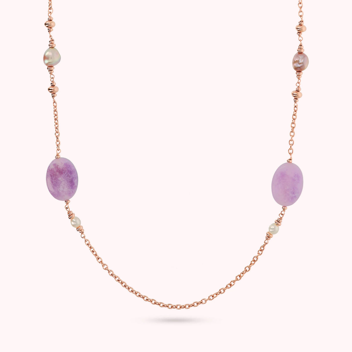 Rolo Chain Necklace with Purple Quartzite and Multicolored Freshwater Pearls Ø 6/9 mm