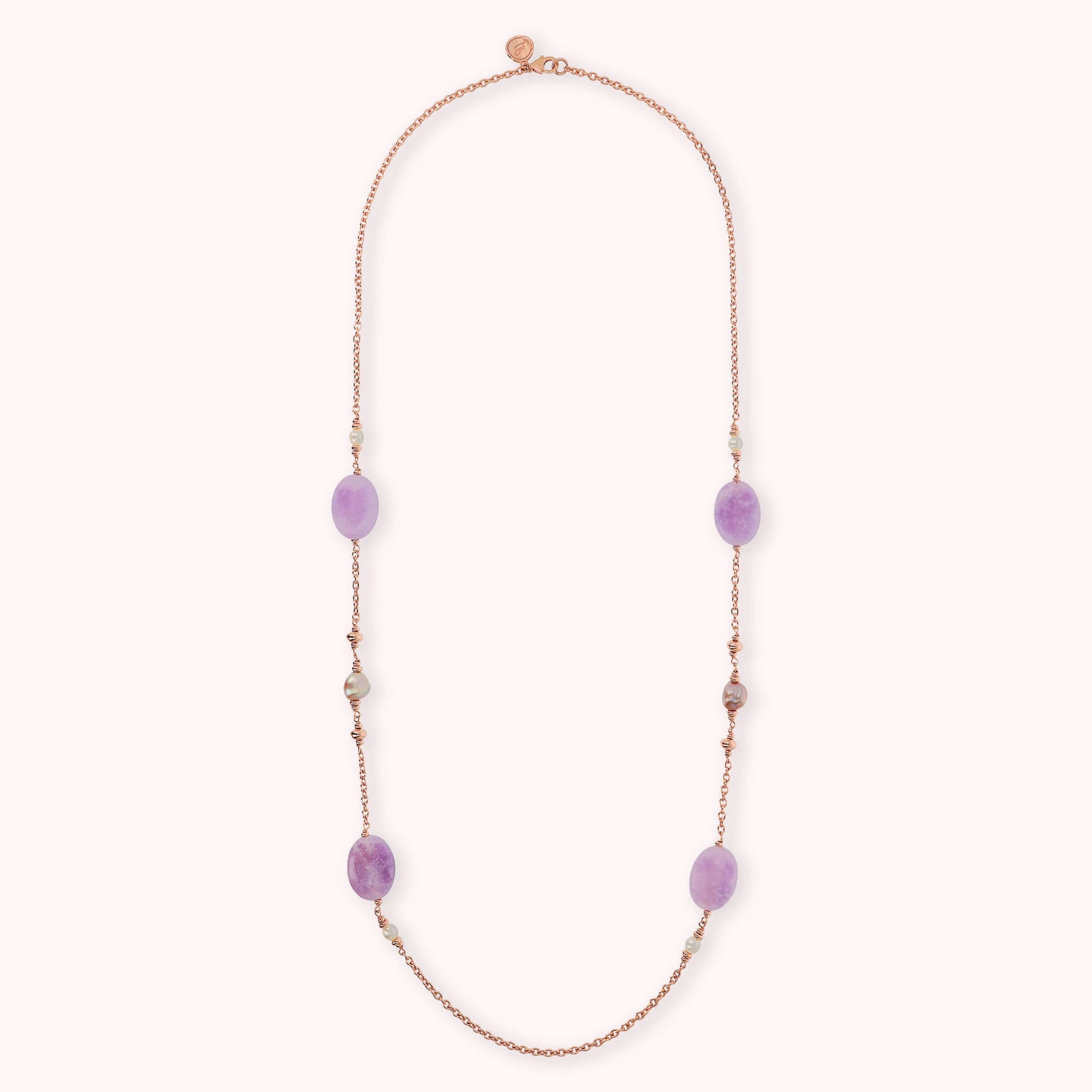 Collana Catena Rolo con Quarzite Viola e Perle d'Acqua Dolce Multicolore Ø 6/9 mm