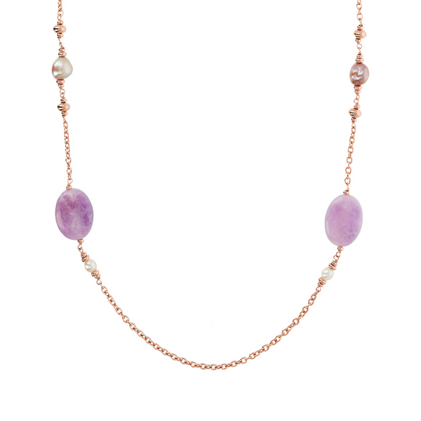 Rolo Chain Necklace with Purple Quartzite and Multicolor Freshwater Pearls