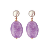 Boucles d'Oreilles Pendantes avec Perles d'Eau Douce Blanches et Améthyste Violette Ovale Ø 9/10 mm