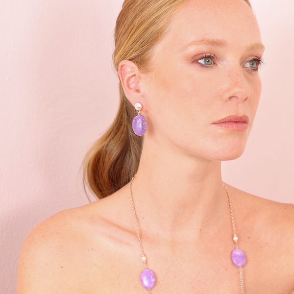 Drop Earrings with Pink Freshwater Pearls and Oval Purple Amethyst