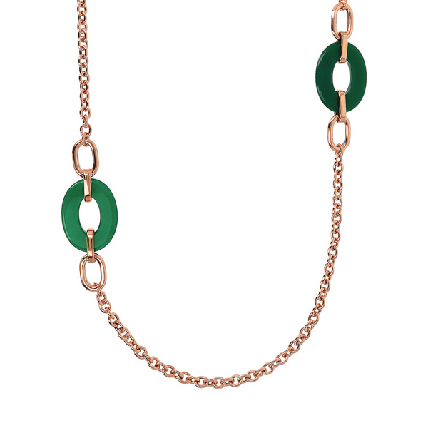 Rolo Chain Necklace with Perforated Links and Oval Green Agate
