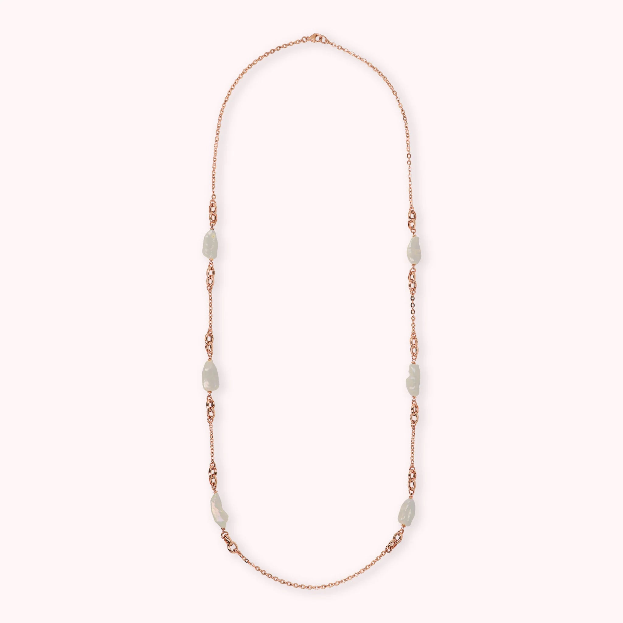 Collana Lunga Catena Rolo con Maglie ad Anelli e Perle Barocche d'Acqua Dolce Bianche