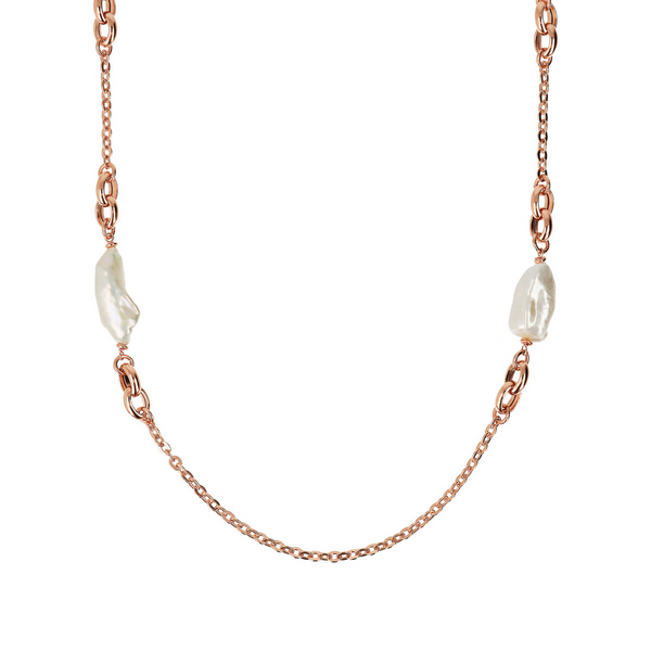 Long Rolo Chain Necklace with Ring Links and White Freshwater Baroque Pearls
