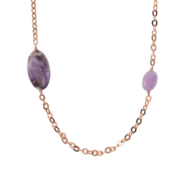 Rolo Chain Necklace with Oval Quartzite and Purple Amethyst Natural Stones