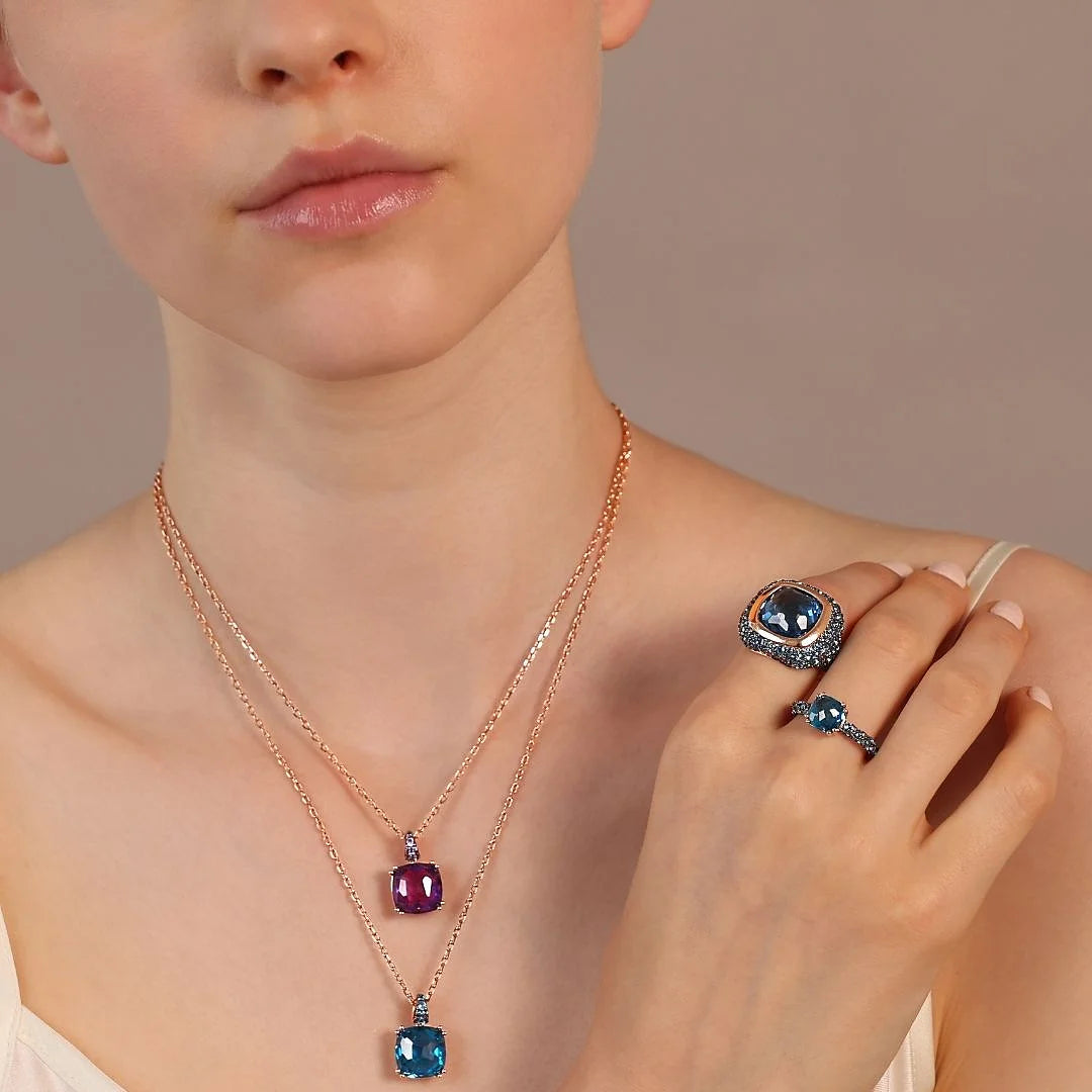 Erbsketten-Halskette mit quadratischem Prisma Gem und Pavé