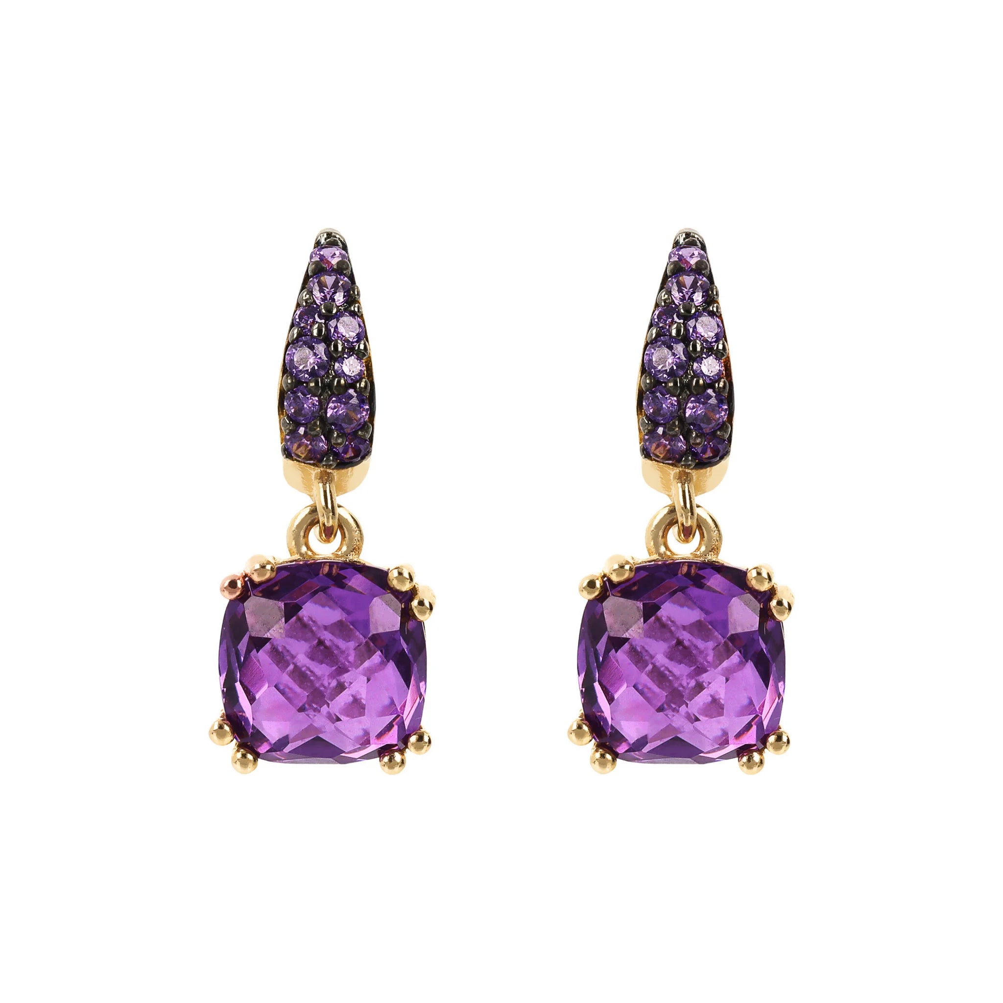 Golden Drop Earrings with Square Gem Prism and Pavé