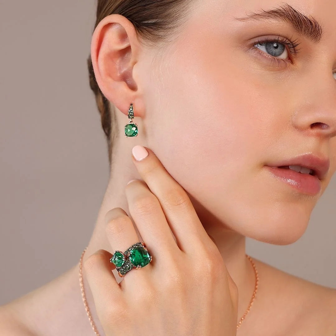 Dangle Earrings with Square Prisma Gem and Pavé