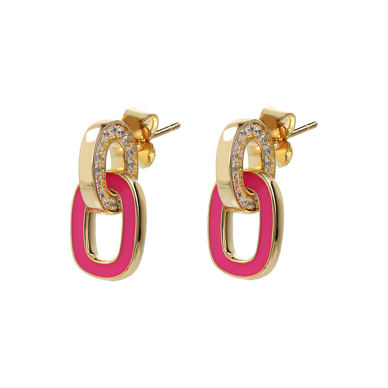 Goldene Anhänger-Ohrringe mit doppelt emailliertem Glied und kubischem Zirkonia-Pavé