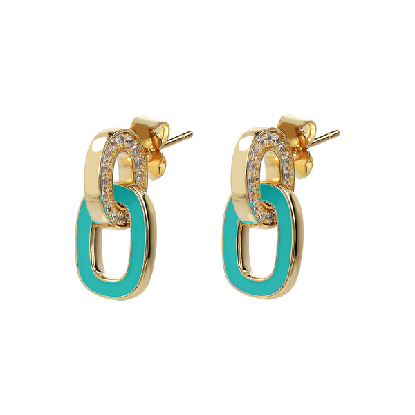 Golden Pendant Earrings with Double Enamelled Link and Cubic Zirconia Pavé