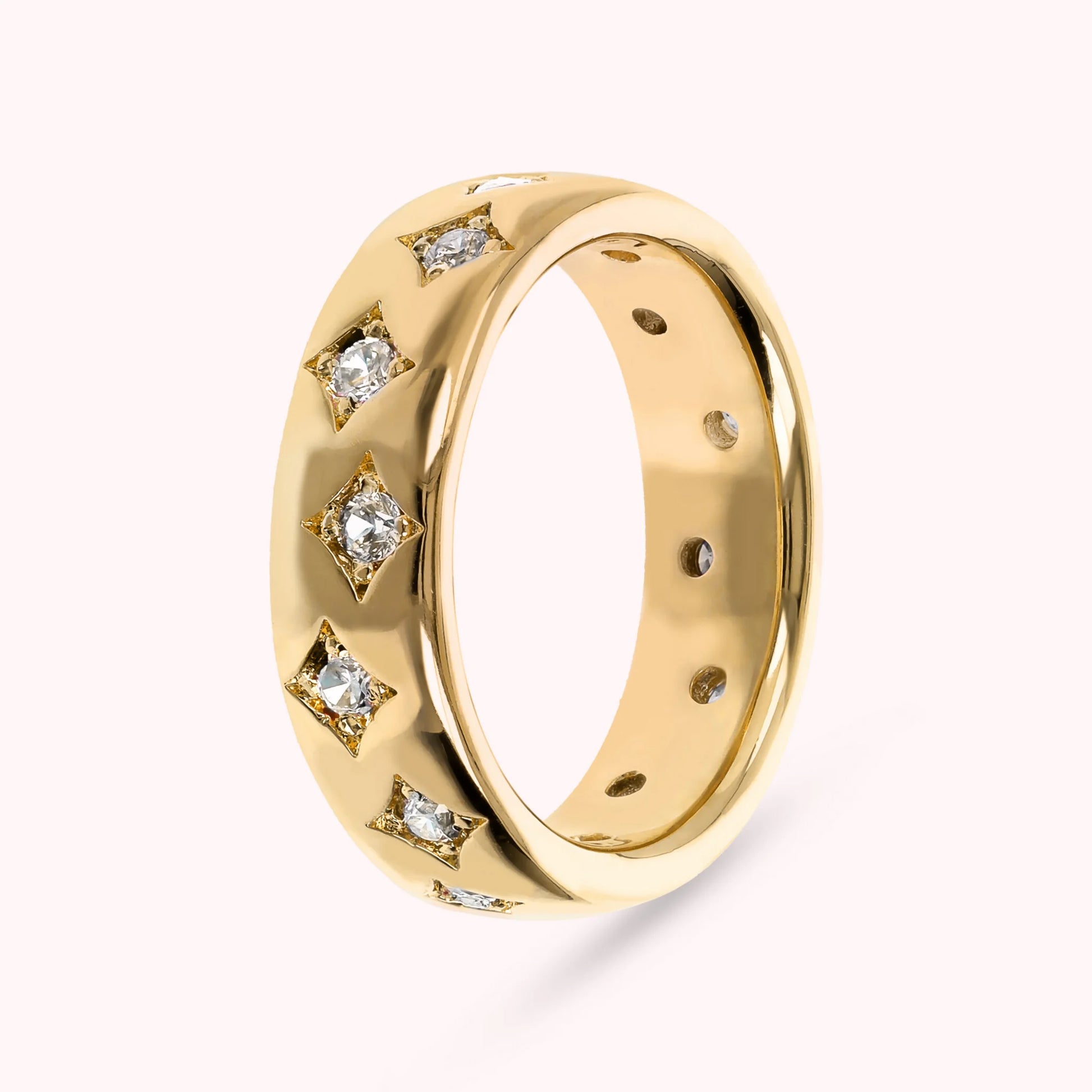 Golden Étoile Wedding Ring with Cubic Zirconia Points of Light