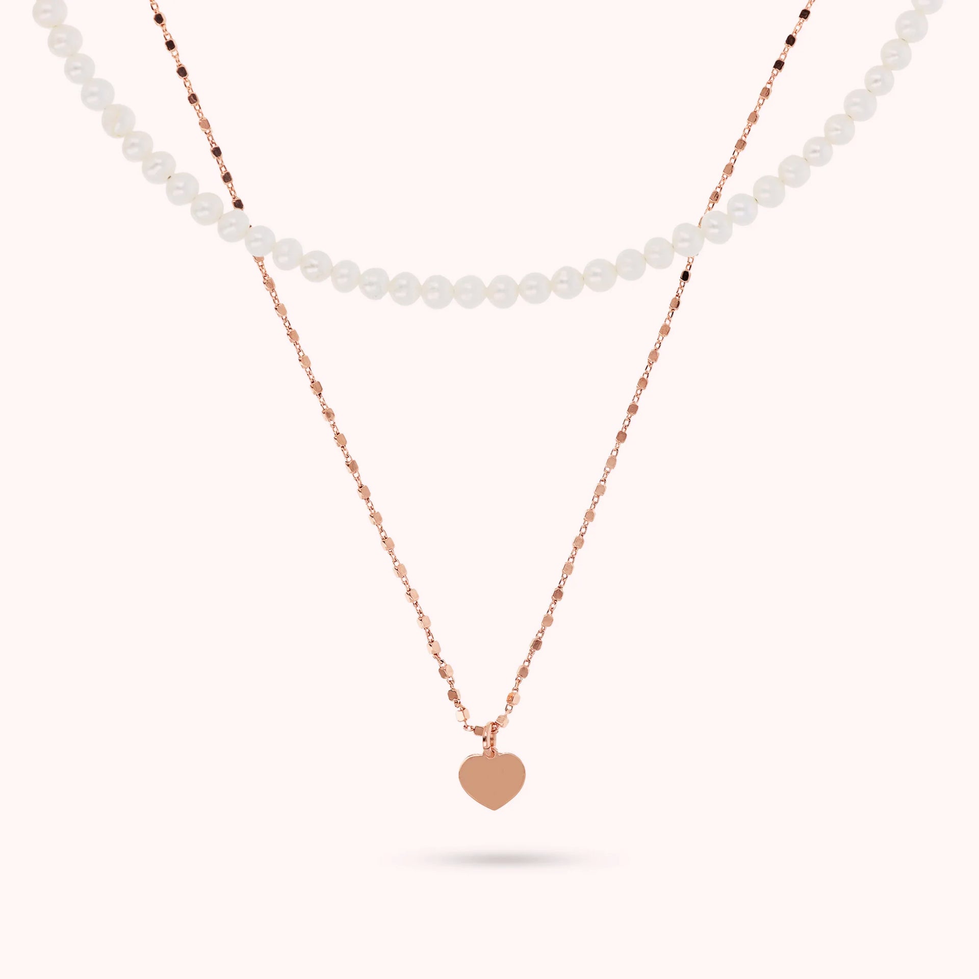 Collana Multifilo Catena a Cubetti con Cuore e Girocollo di Perle d'Acqua  Dolce Bianche Ø 3/4 mm - Bronzallure, image size:1920x1920