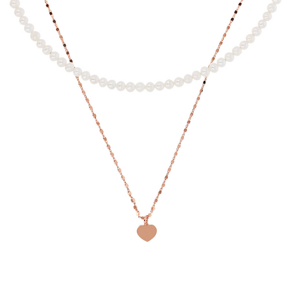 Multistrand Cubed Chain Necklace with Heart and Choker of White Freshwater Pearls Ø 3/4 mm
