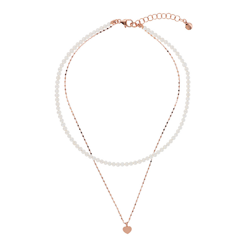 Multistrand Cubed Chain Necklace with Heart and Choker of White Freshwater Pearls Ø 3/4 mm
