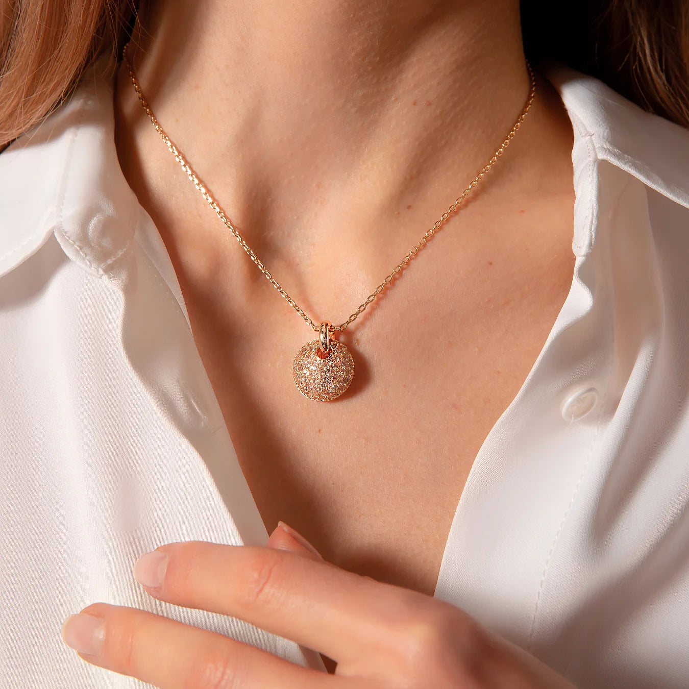 Rolo Chain Necklace with Round Filigree Pendant and Cubic Zirconia Pavé