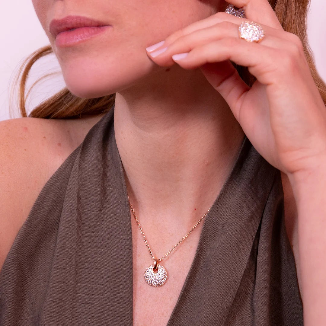 Rolo Chain Necklace with Round Filigree Pendant and Cubic Zirconia Pavé