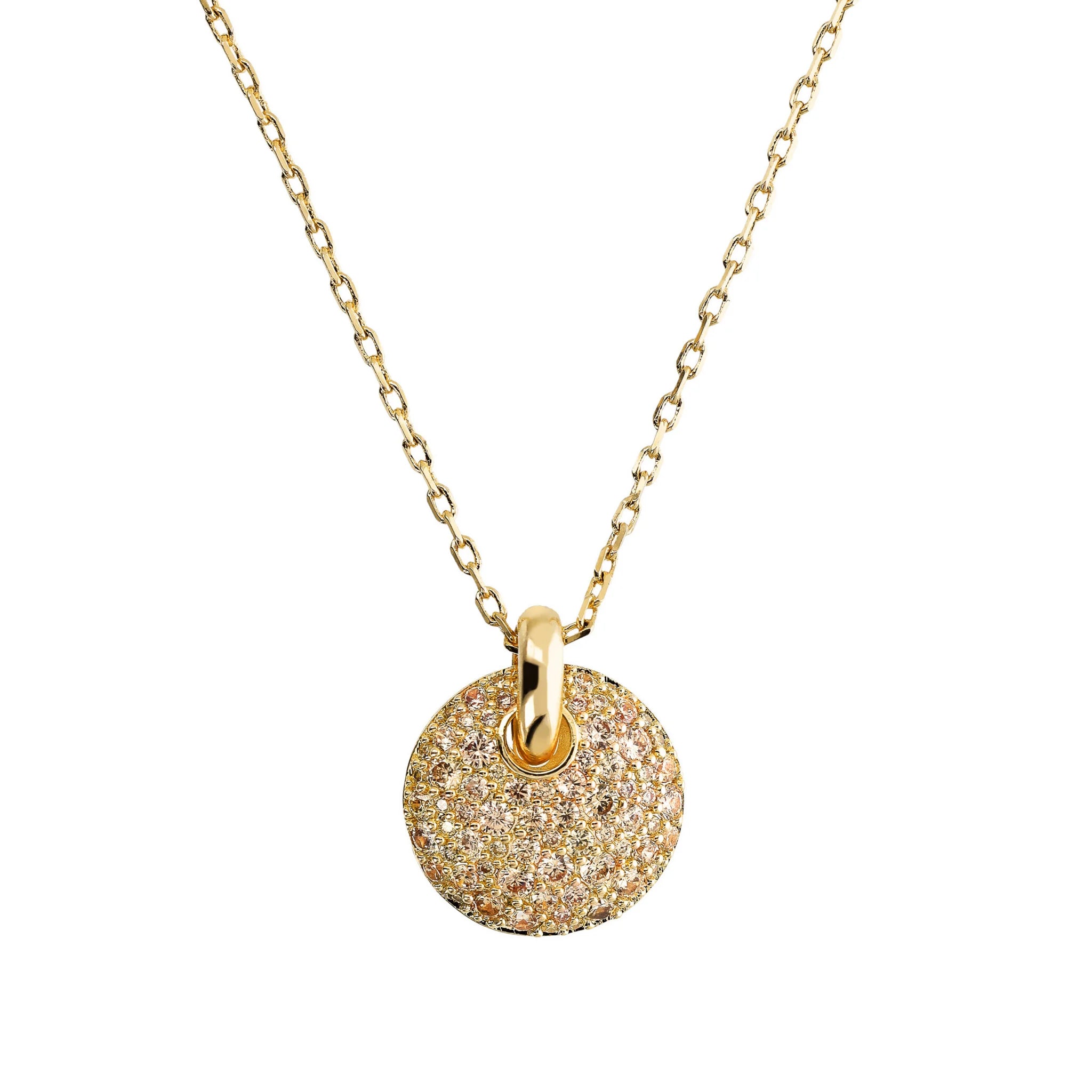 Golden Rolo Chain Necklace with Round Filigree Pendant and Cubic Zirconia Pavé