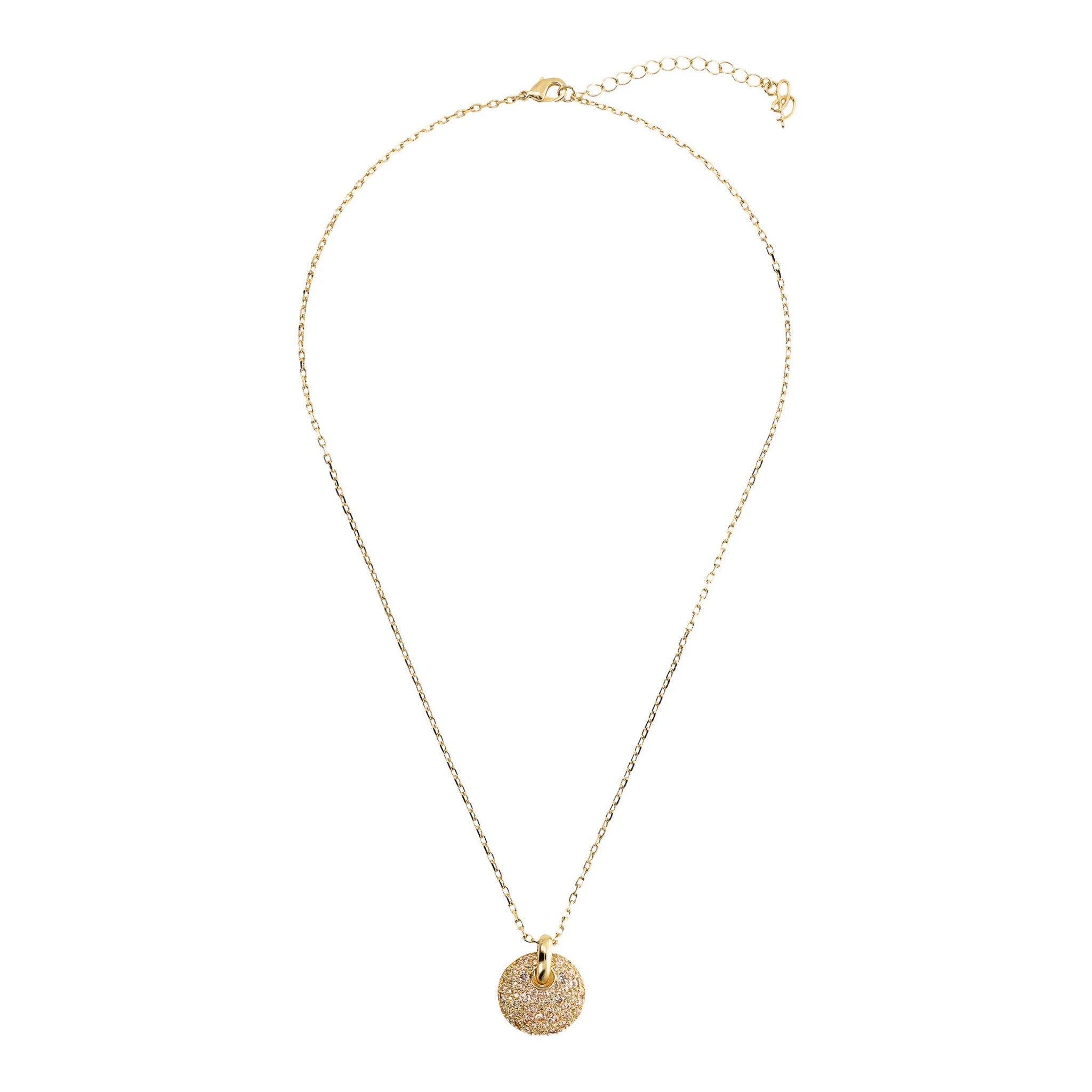 Golden Rolo Chain Necklace with Round Filigree Pendant and Cubic Zirconia Pavé