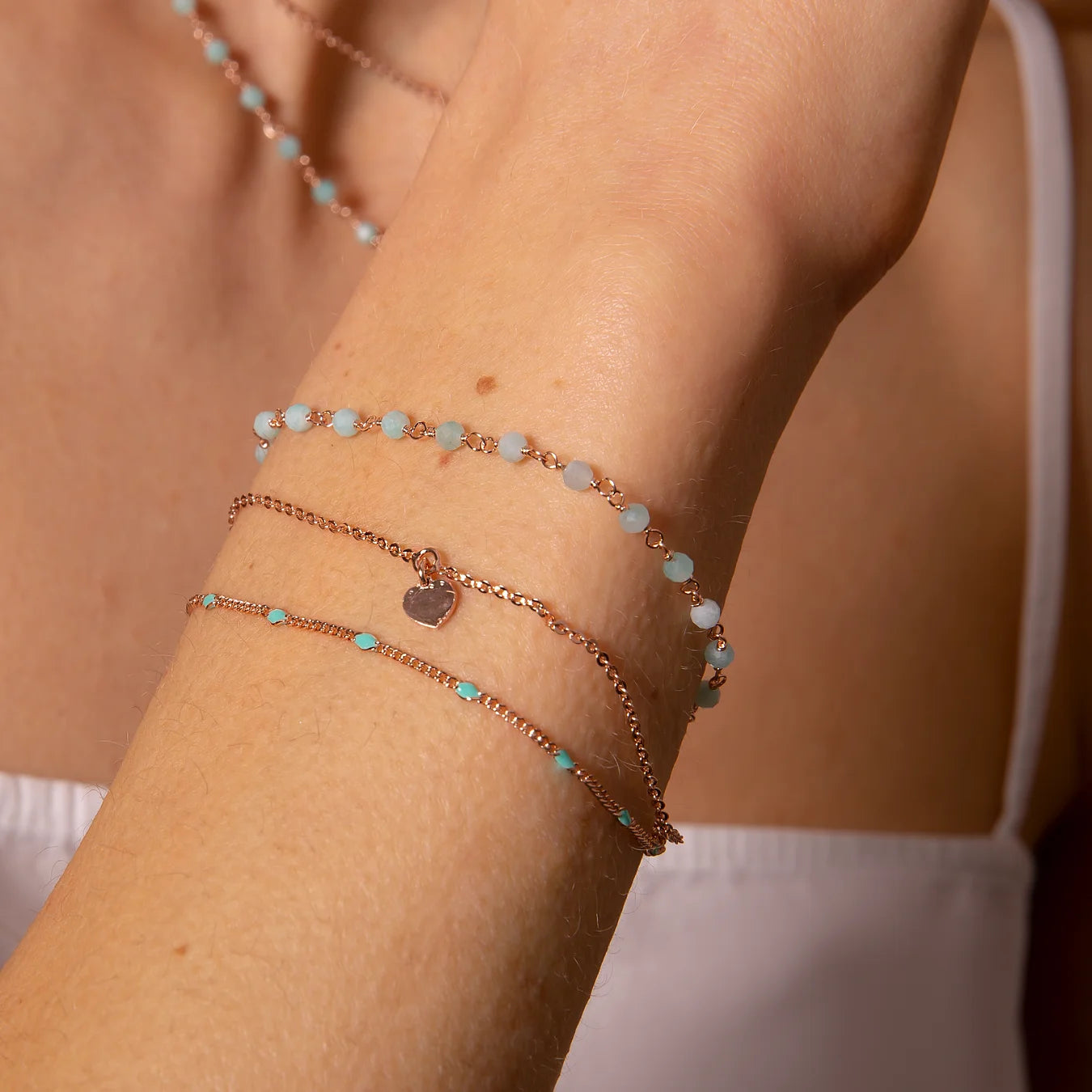 Multi-Strand Rosary Chain Bracelet with Enamel and Heart Pendant