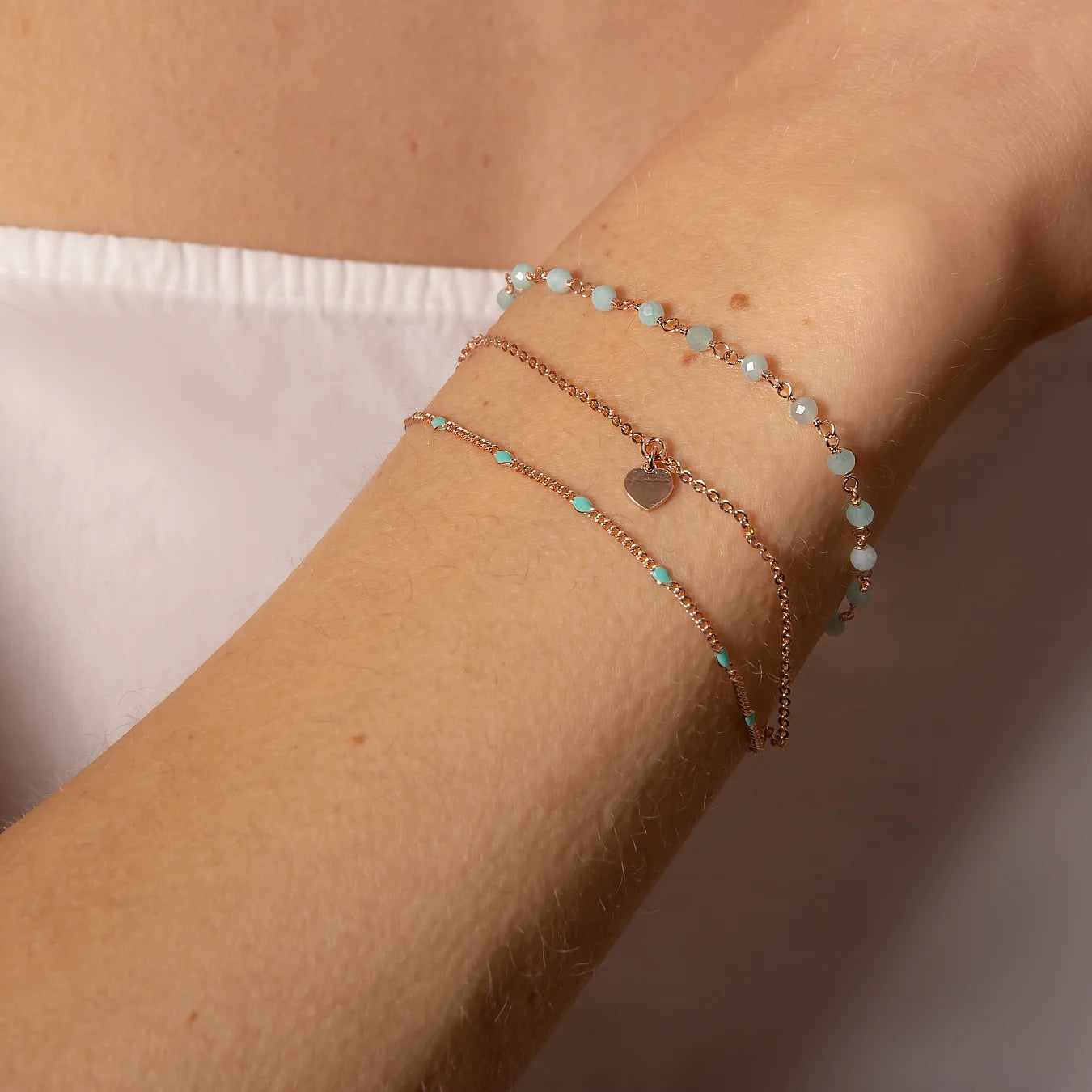 Multi-Strand Rosary Chain Bracelet with Enamel and Heart Pendant