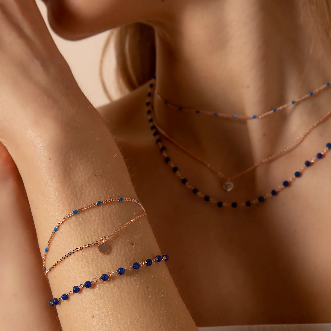 Multi-Strand Rosary Chain Bracelet with Enamel and Heart Pendant