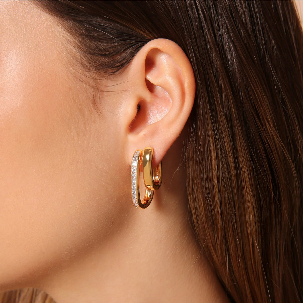 Golden Oval Earrings with Princess-Cut Square Cubic Zirconia