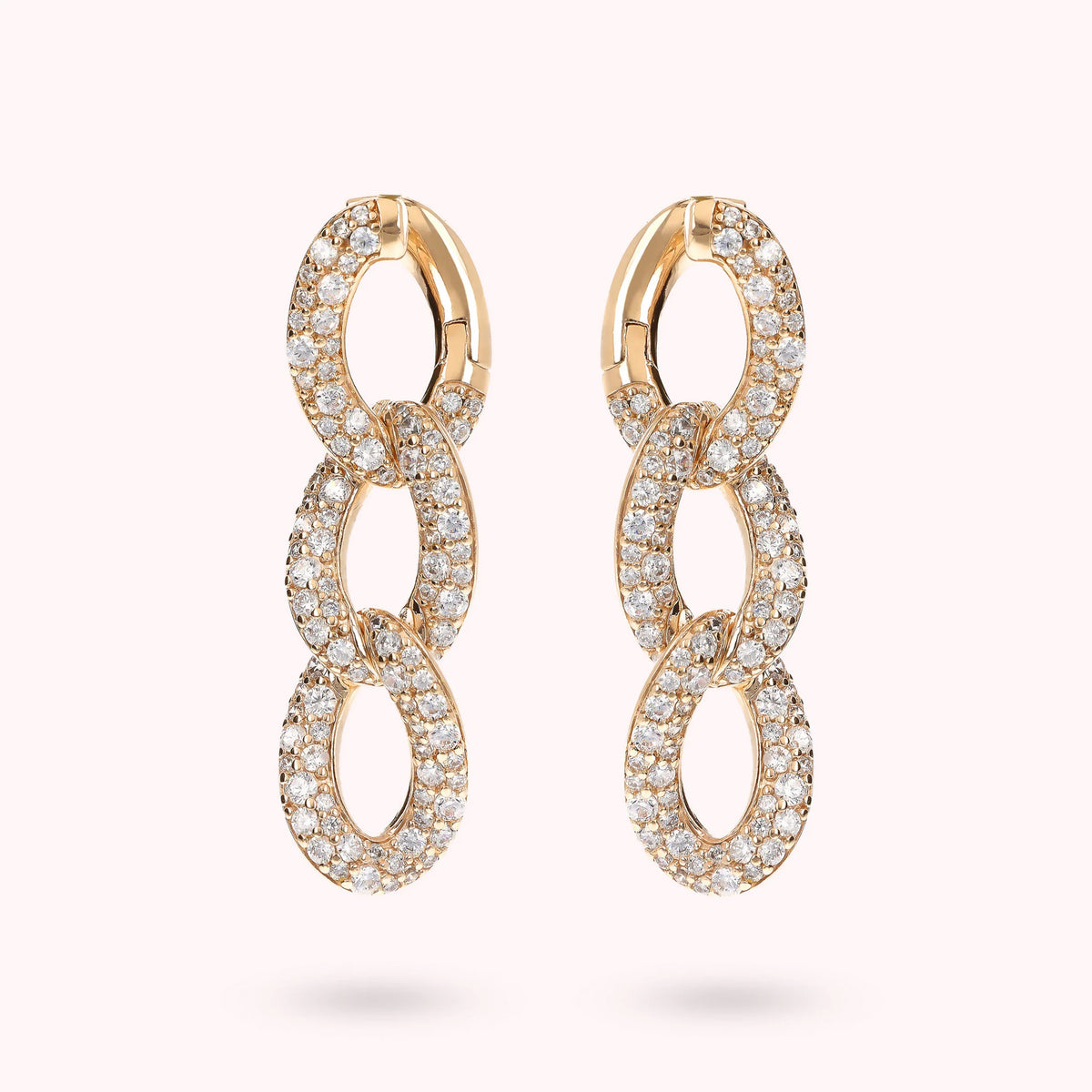 Golden Dangle Earrings with Grumetta Chain and Pavé Cubic Zirconia