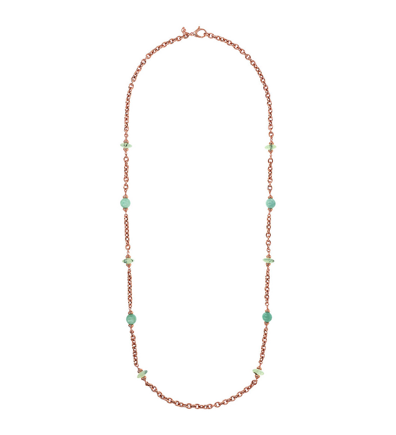 Long Rolo Chain Necklace with Station of Spheres and Washers in Natural Stone