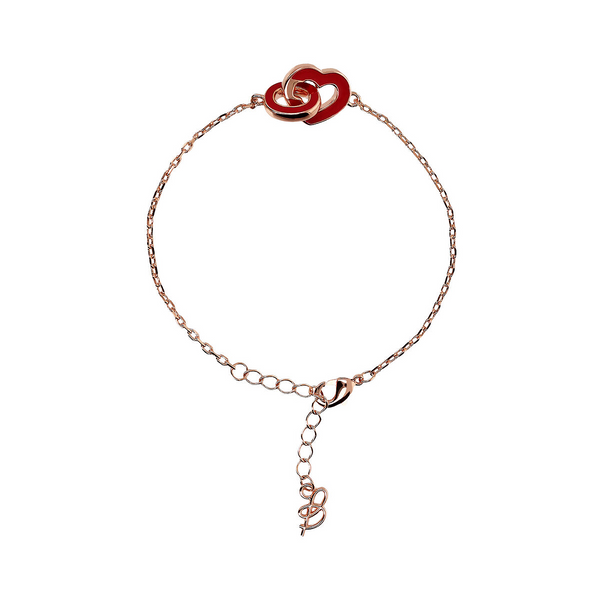 Bracelet Chaîne Forçat avec Double Pendentif Rouge Émaillé Cœur et Maillon Ovale