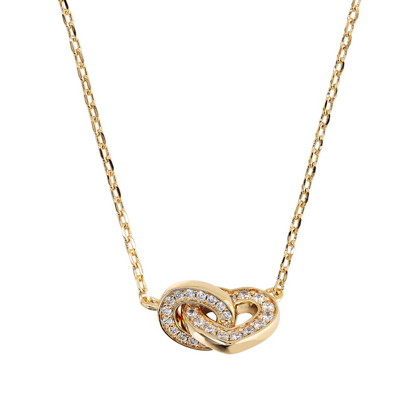 Golden Forzatina Chain Necklace with Double Pavé Heart Pendant and Oval Link