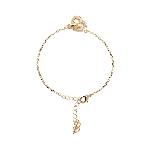 Golden Forzatina Chain Bracelet with Double Pavé Heart Pendant and Oval Link