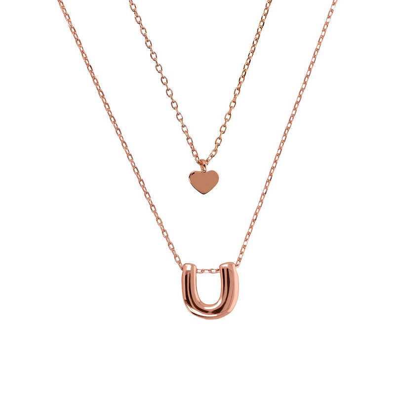 Multistrand Graduated Forzatina Chain Necklace with Heart Pendant and Letter Pendant