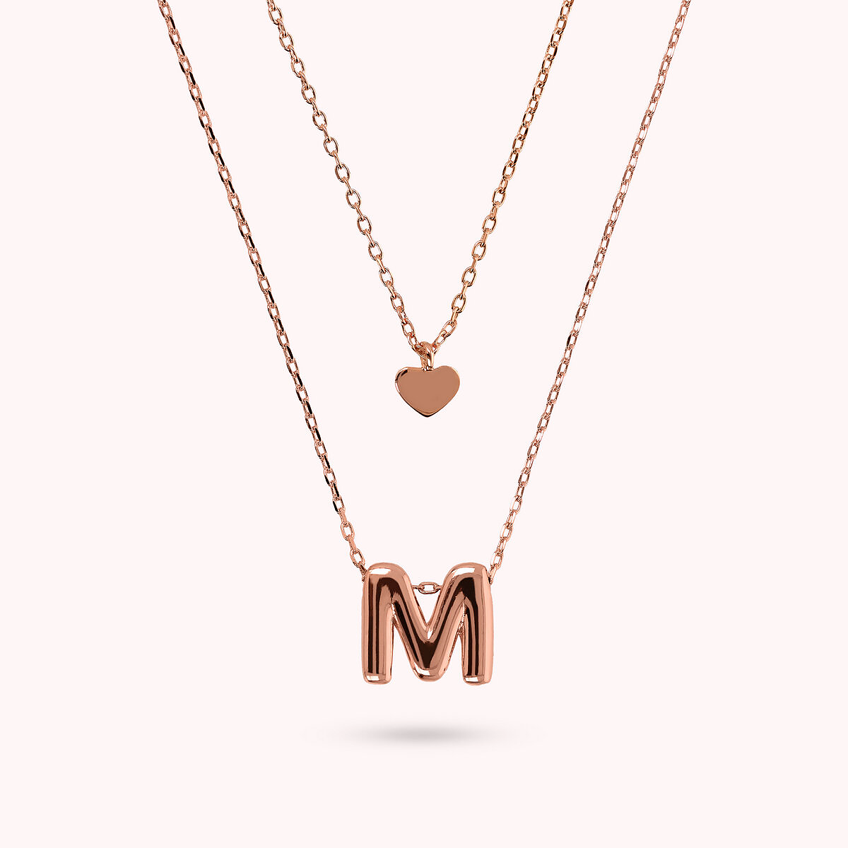 Multistrand Graduated Forzatina Chain Necklace with Heart Pendant and Letter Pendant