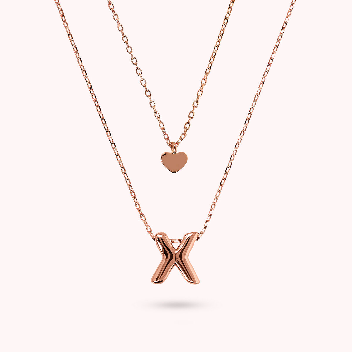 Multistrand Graduated Forzatina Chain Necklace with Heart Pendant and Letter Pendant
