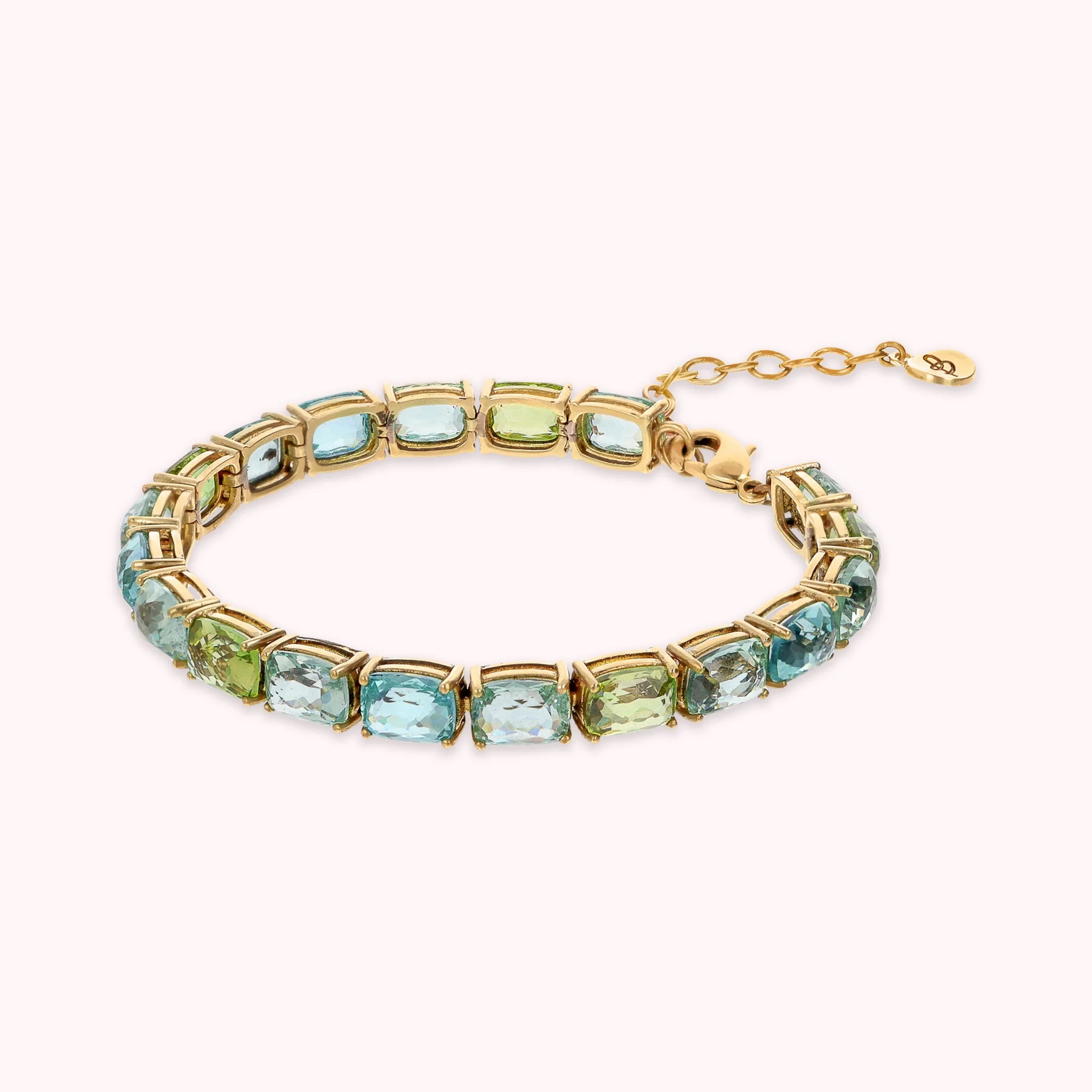 Golden Tennis Bracelet with Green and Blue Mosaic Cut Prisma Gems